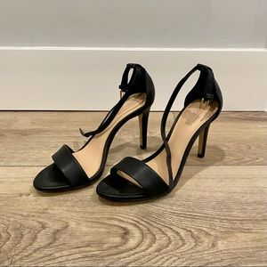Black leather single strap heels